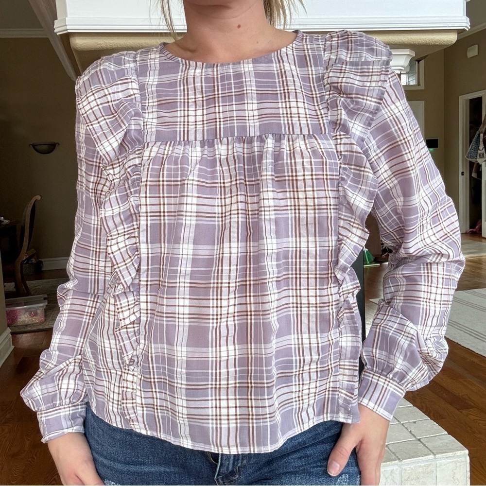 3/$25 LOFT Lavender Plaid Ruffle Long Sleeve Blouse